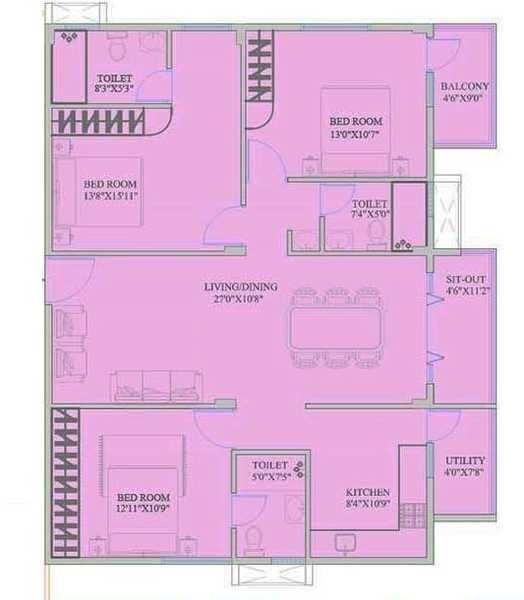 Floor plan of 3 BHK 1356 Sq. Ft. Apartment in Mahaveer Zephyr, Bangalore