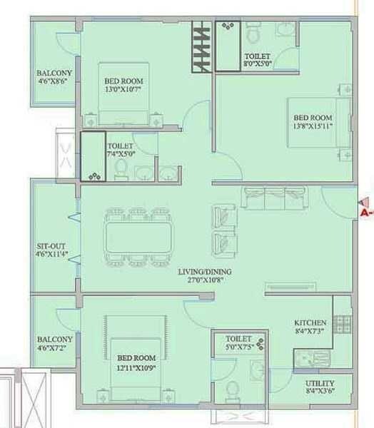 Floor plan of 3 BHK 1505 Sq. Ft. Apartment in Mahaveer Zephyr, Bangalore