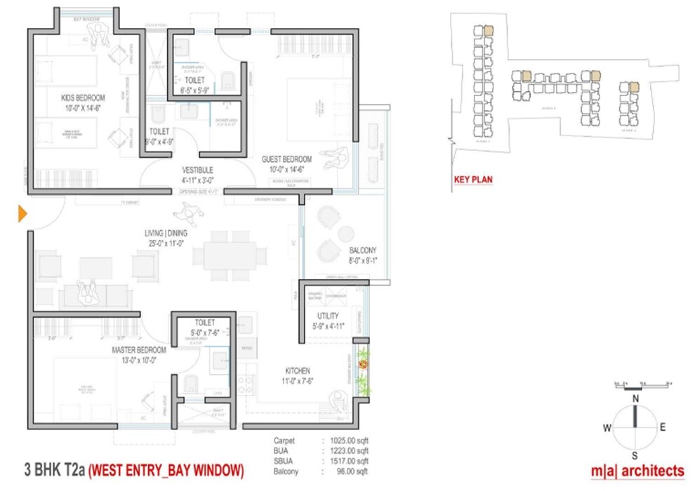 Floor plan of 3 BHK 1517 Sq. Ft. Apartment in Mahendra Aarya, Bangalore