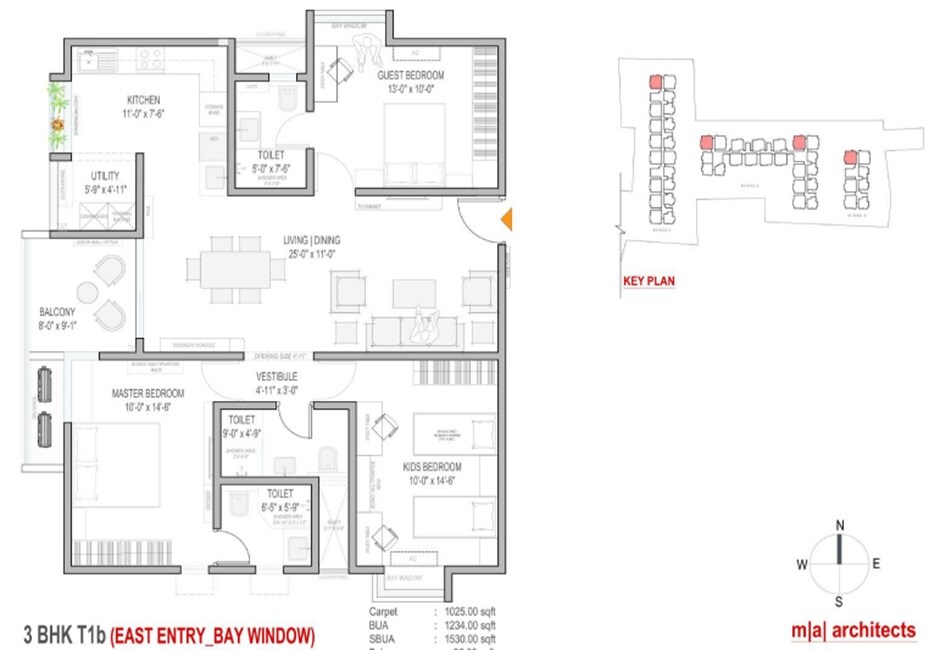 Floor plan of 3 BHK 1530 Sq. Ft. Apartment in Mahendra Aarya, Bangalore