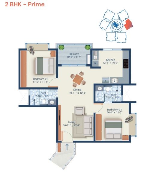 Floor plan of 2 BHK 1160 Sq. Ft. Apartment in Mahendra Arto Helix, Bangalore