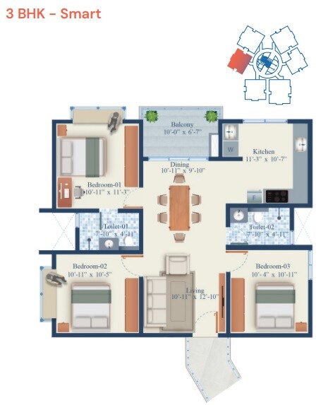 Floor plan of 3 BHK 1350 Sq. Ft. Apartment in Mahendra Arto Helix, Bangalore