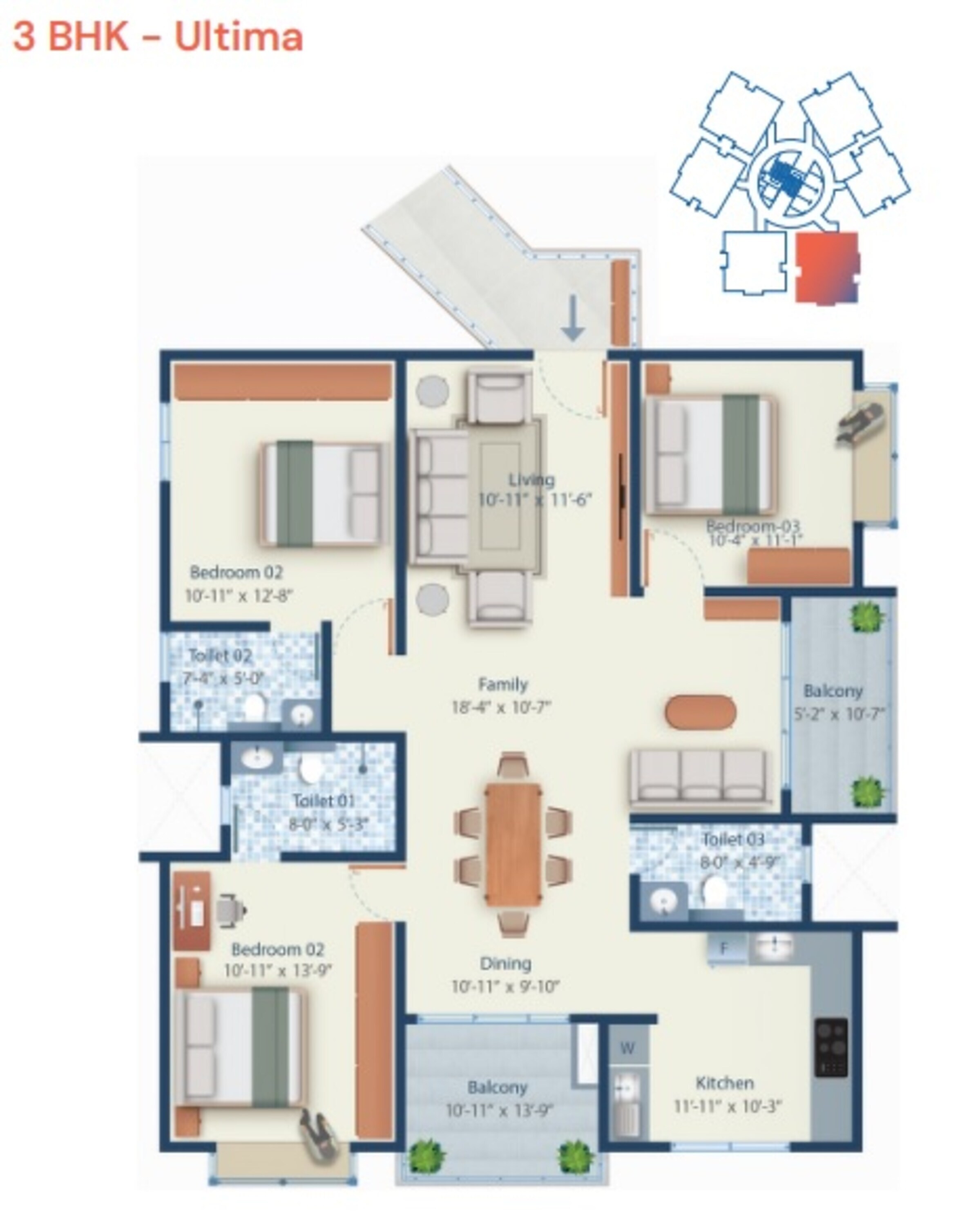 Floor plan of 3 BHK 1565 Sq. Ft. Apartment in Mahendra Arto Helix, Bangalore
