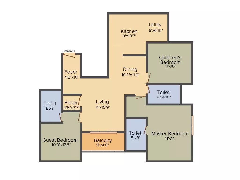 Floor plan of 3 BHK 1490 Sq. Ft. Apartment in Mahendra Elena 5, Bangalore