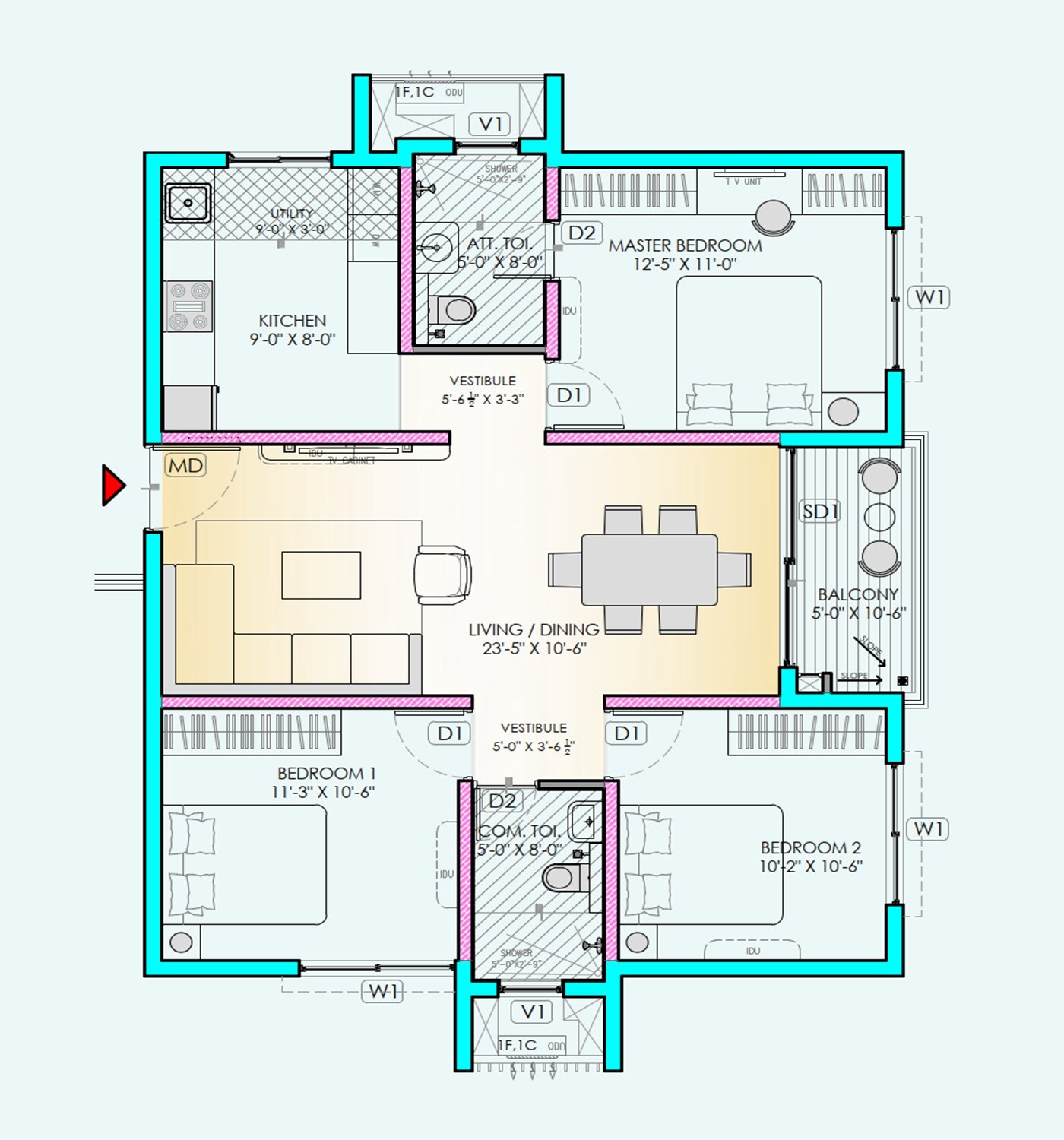 Floor plan of 3 BHK 1369 Sq. Ft. Apartment in Mahendra M5 Echelon, Bangalore
