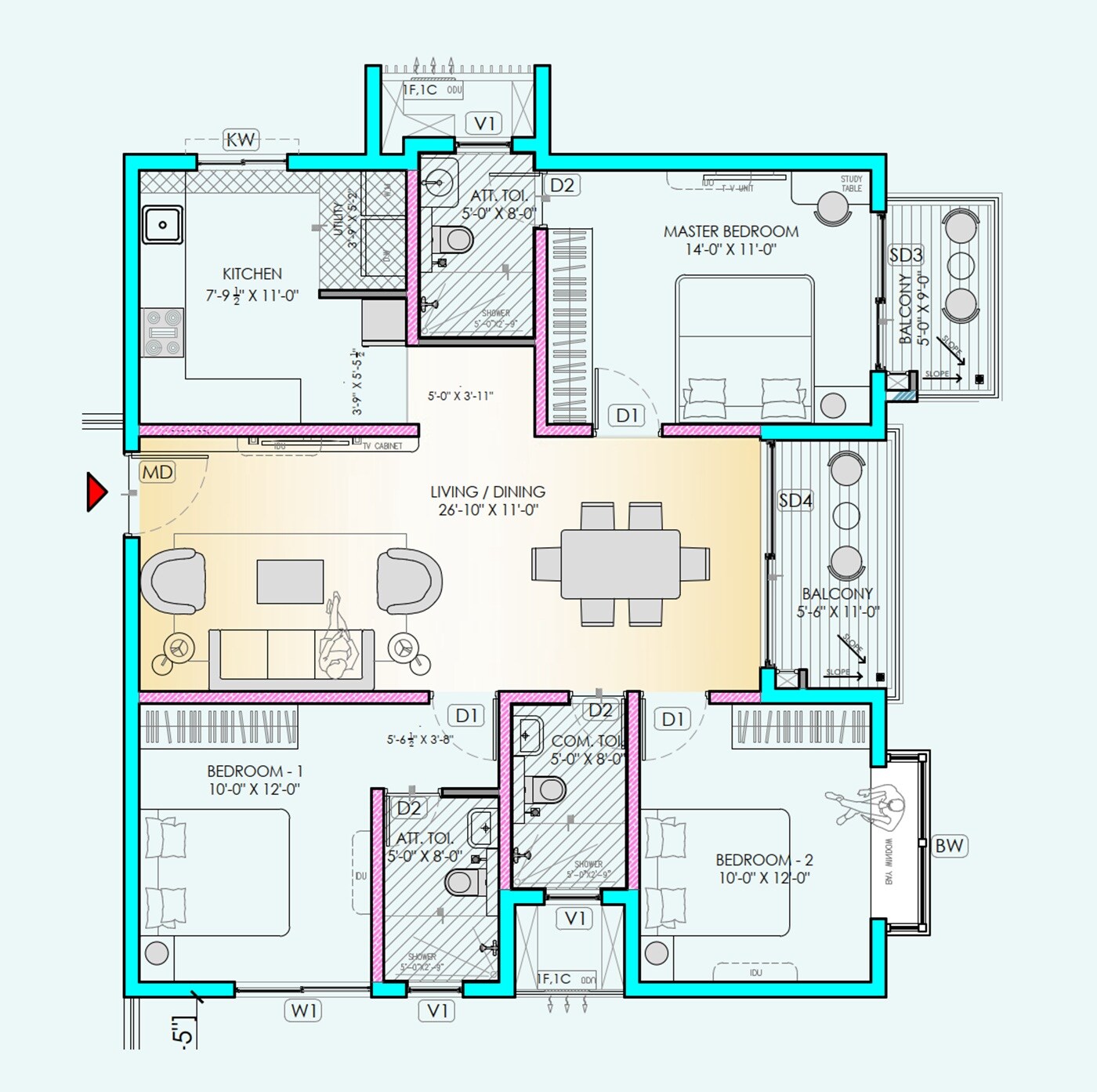 Floor plan of 3 BHK 1690 Sq. Ft. Apartment in Mahendra M5 Echelon, Bangalore