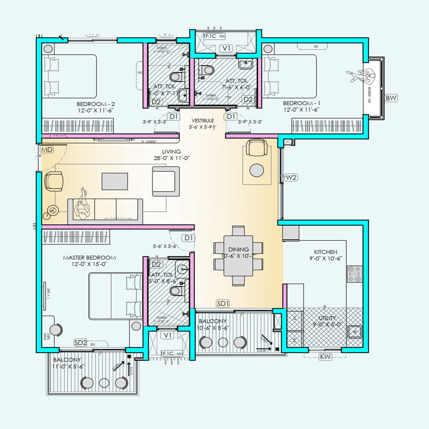 Floor plan of 3 BHK 2166 Sq. Ft. Apartment in Mahendra M5 Echelon, Bangalore