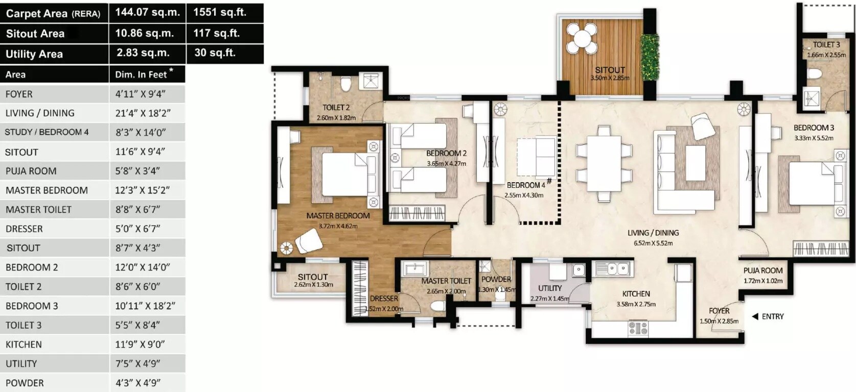 Floor plan of 3 BHK 2370 Sq. Ft. Apartment in Mahindra Windchimes Phase II, Bangalore
