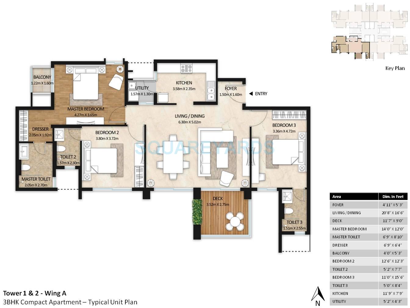 Floor plan of 3 BHK 1776 Sq. Ft. Apartment in Mahindra Windchimes, Bangalore