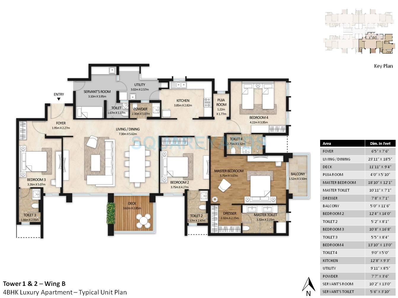 Floor plan of 4 BHK 3012 Sq. Ft. Apartment in Mahindra Windchimes, Bangalore