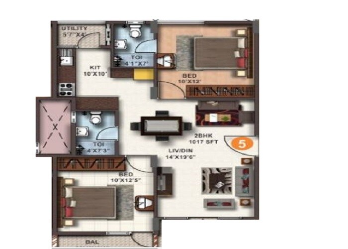 Floor plan of 2 BHK 1011 Sq. Ft. Apartment in Maithri Shilphitha Royal, Bangalore