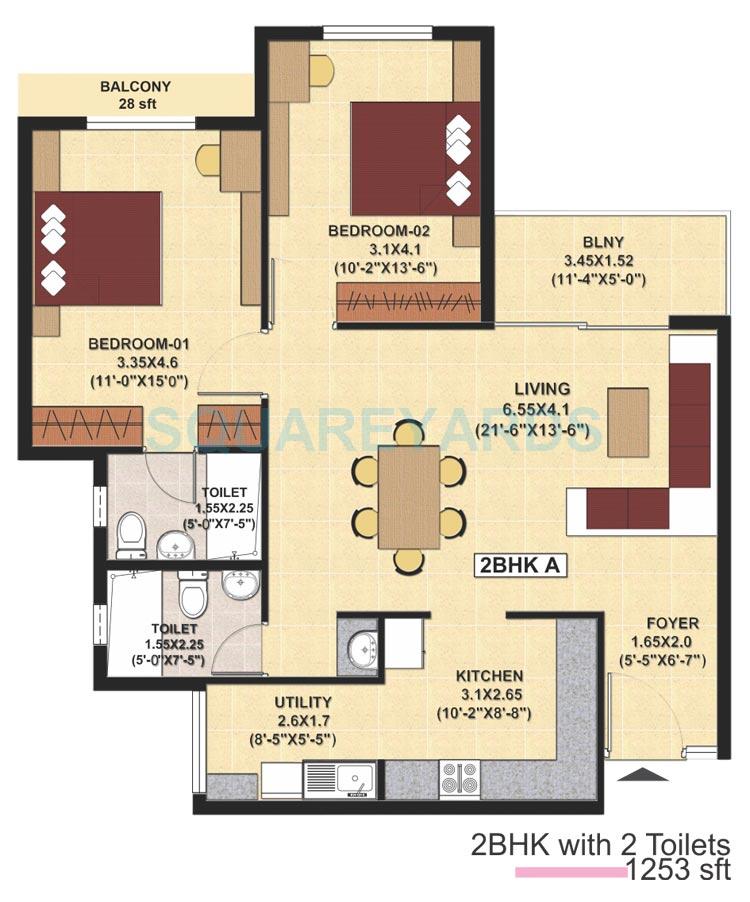 Floor plan of 2 BHK 1253 Sq. Ft. Apartment in Maithri Shilpitha Sunflower, Bangalore