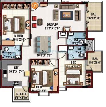 Floor plan of 3 BHK 1628 Sq. Ft. Apartment in Maithri Shilpitha Sunflower, Bangalore