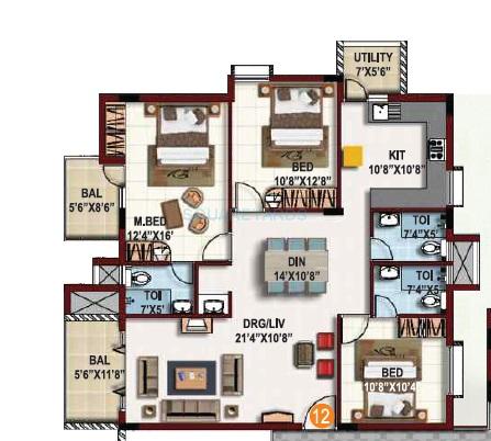 Floor plan of 3 BHK 1648 Sq. Ft. Apartment in Maithri Shilpitha Sunflower, Bangalore