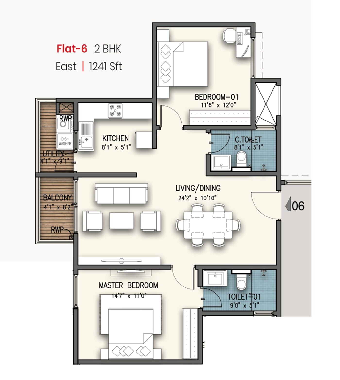 Floor plan of 2 BHK 1241 Sq. Ft. Apartment in Maithri Springwoods, Bangalore