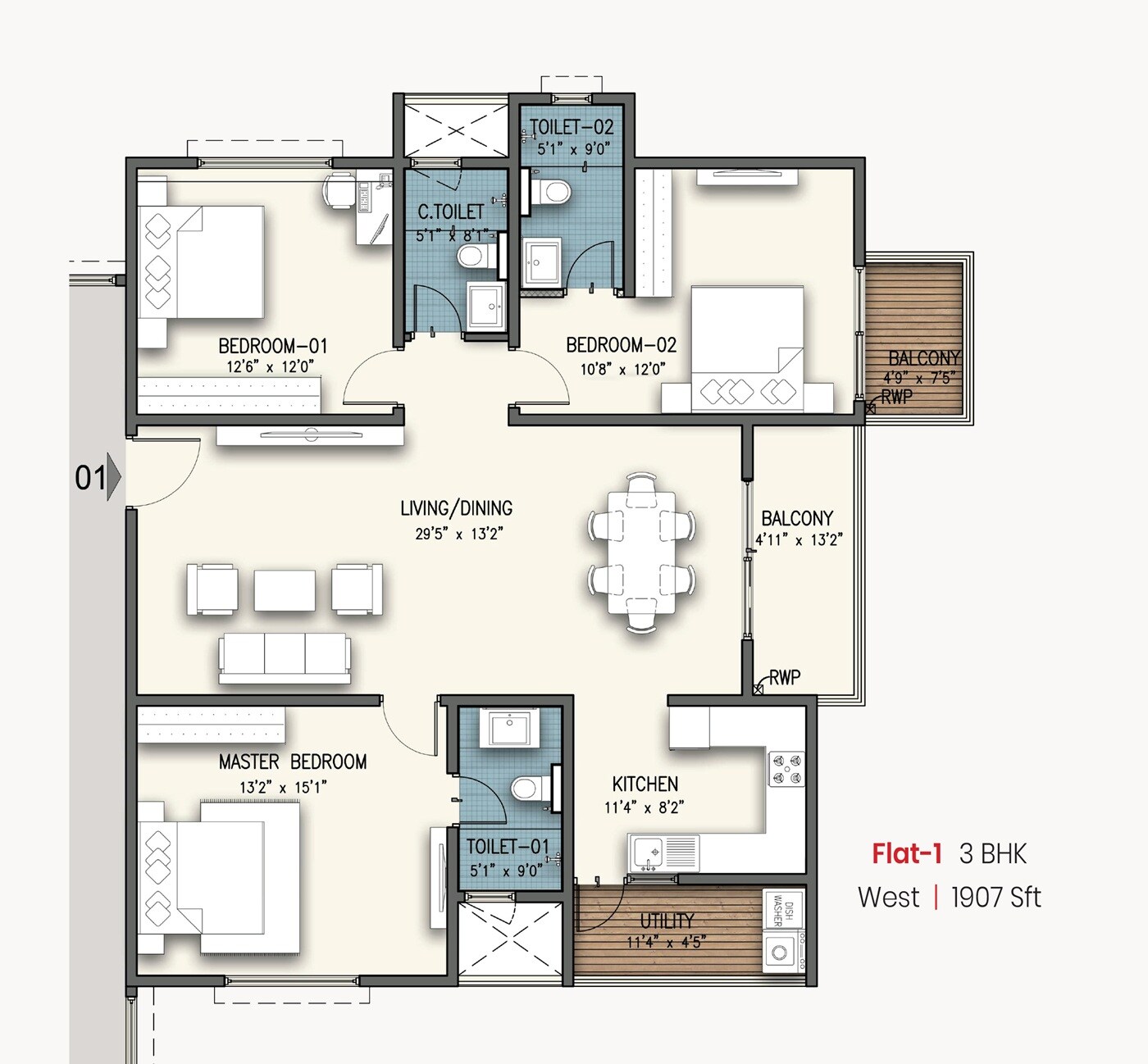 3 BHK 1907 Sq. Ft. Apartment