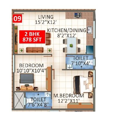 2 BHK 878 Sq. Ft. Apartment