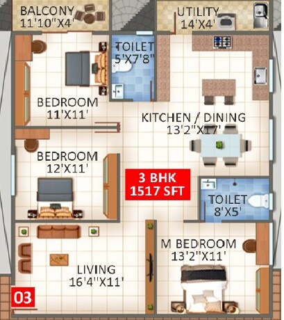 3 BHK 1517 Sq. Ft. Apartment