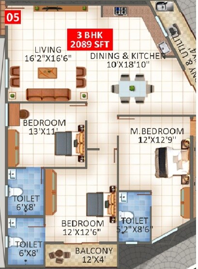 3 BHK 2089 Sq. Ft. Apartment