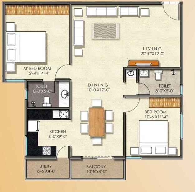Floor plan of 2 BHK 1018 Sq. Ft. Apartment in Majestic Fortune, Bangalore