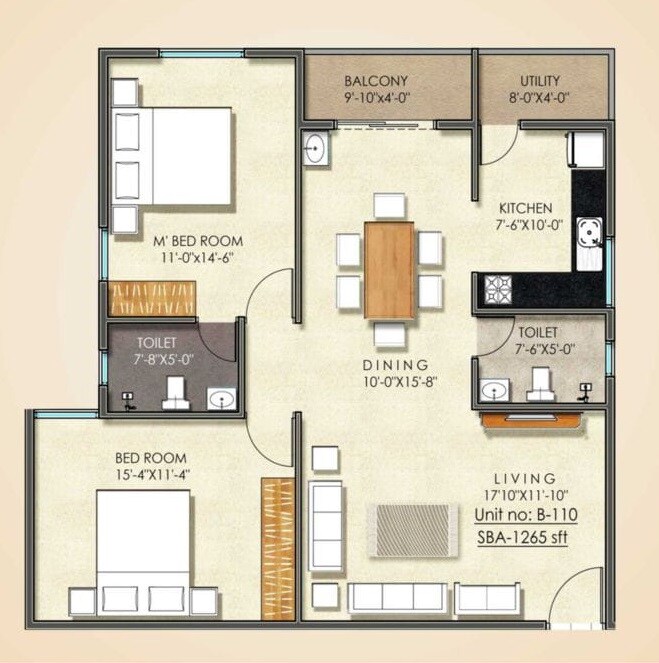 Floor plan of 2 BHK 1265 Sq. Ft. Apartment in Majestic Fortune, Bangalore