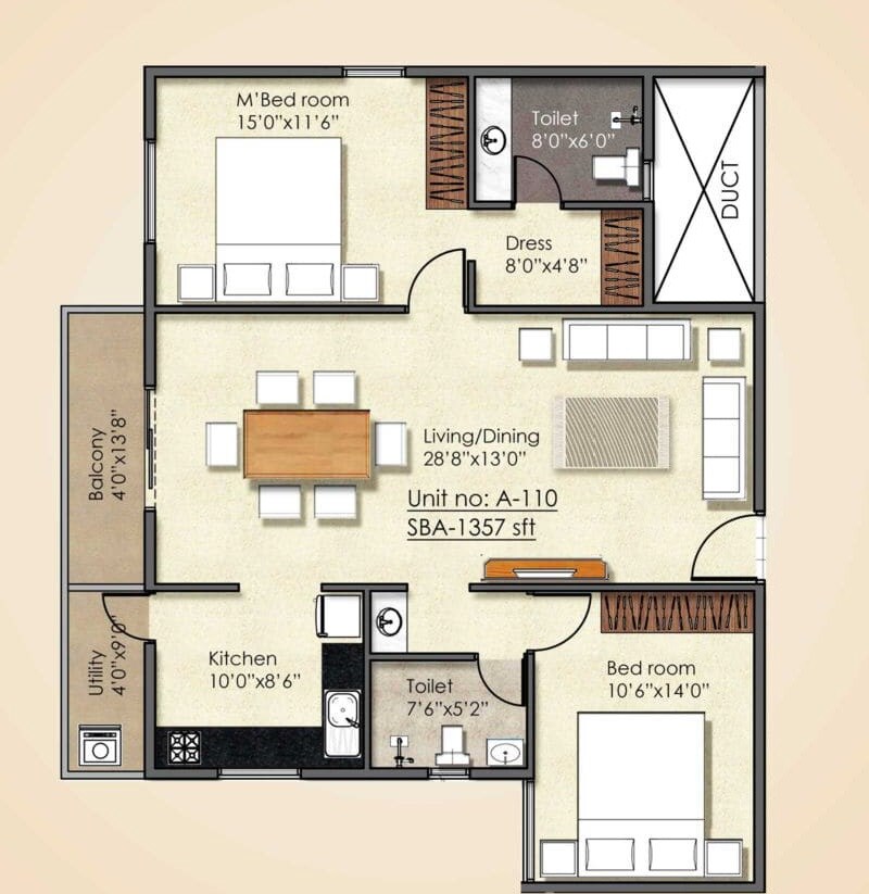 Floor plan of 2 BHK 1357 Sq. Ft. Apartment in Majestic Fortune, Bangalore