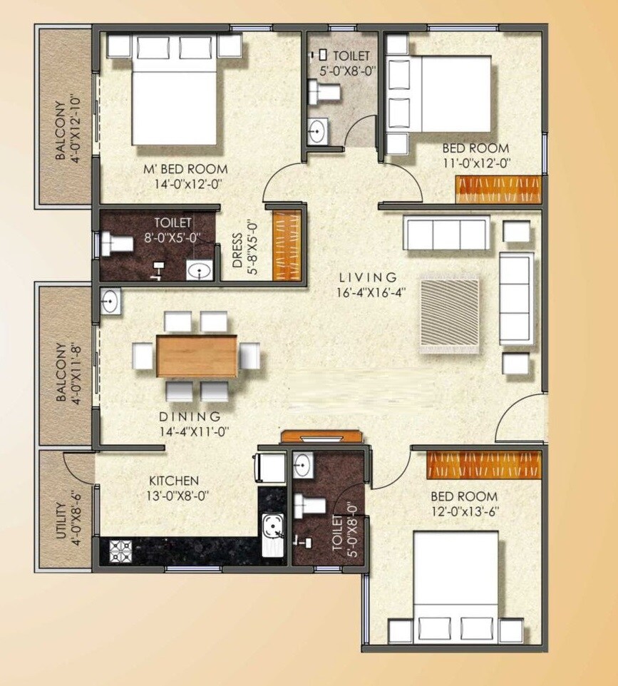Floor plan of 3 BHK 1751 Sq. Ft. Apartment in Majestic Fortune, Bangalore