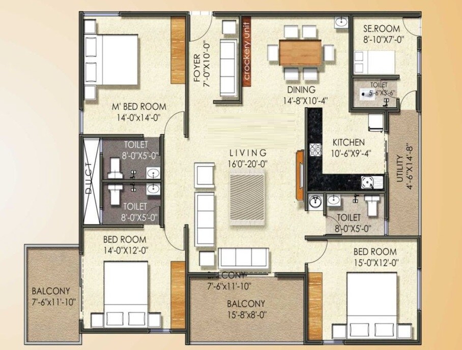 Floor plan of 3 BHK 2322 Sq. Ft. Apartment in Majestic Fortune, Bangalore