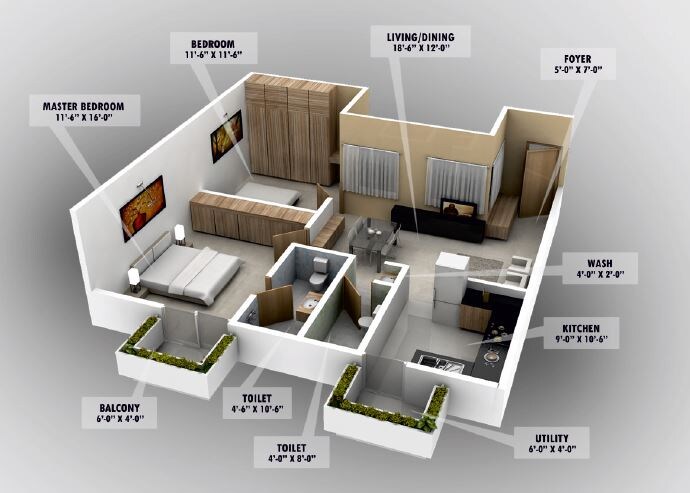 Floor plan of 2 BHK 1060 Sq. Ft. Apartment in Malind Tropika Gardens Phase II, Bangalore