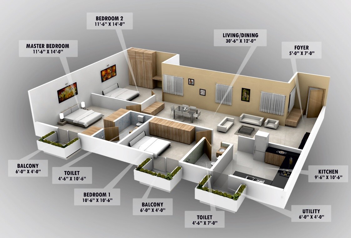 Floor plan of 3 BHK 1425 Sq. Ft. Apartment in Malind Tropika Gardens Phase II, Bangalore