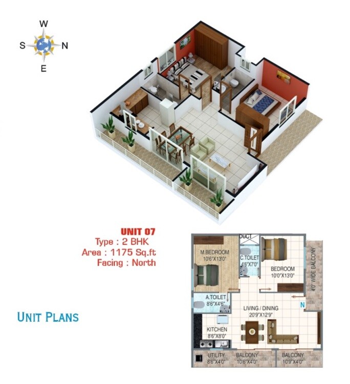 Floor plan of 2 BHK 1175 Sq. Ft. Apartment in Mamtha Paradise, Bangalore