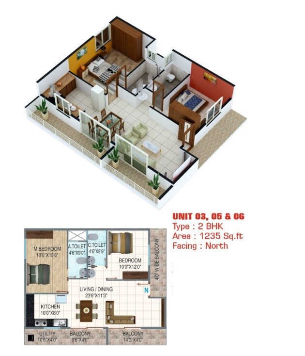 Floor plan of 2 BHK 1235 Sq. Ft. Apartment in Mamtha Paradise, Bangalore