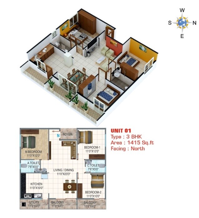 Floor plan of 3 BHK 1415 Sq. Ft. Apartment in Mamtha Paradise, Bangalore