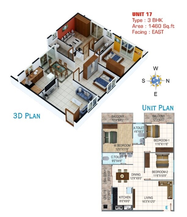 Floor plan of 3 BHK 1460 Sq. Ft. Apartment in Mamtha Paradise, Bangalore