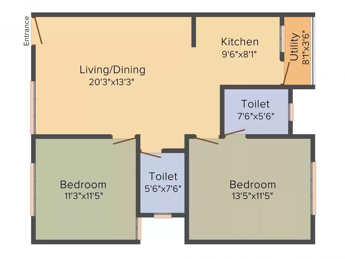 Floor plan of 2 BHK 1040 Sq. Ft. Apartment in Man Alpine Square, Bangalore
