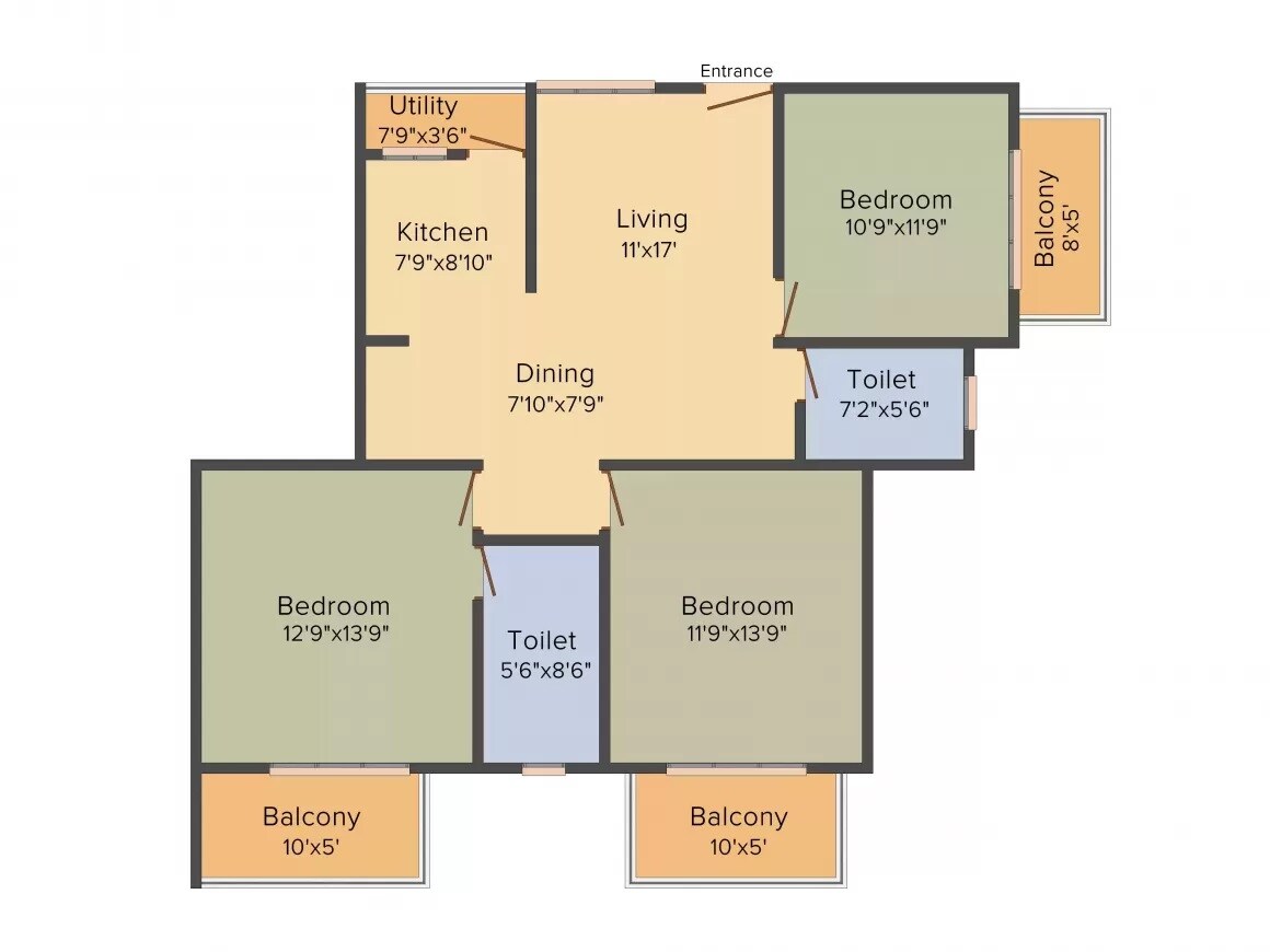 Floor plan of 3 BHK 1492 Sq. Ft. Apartment in Man Alpine Square, Bangalore