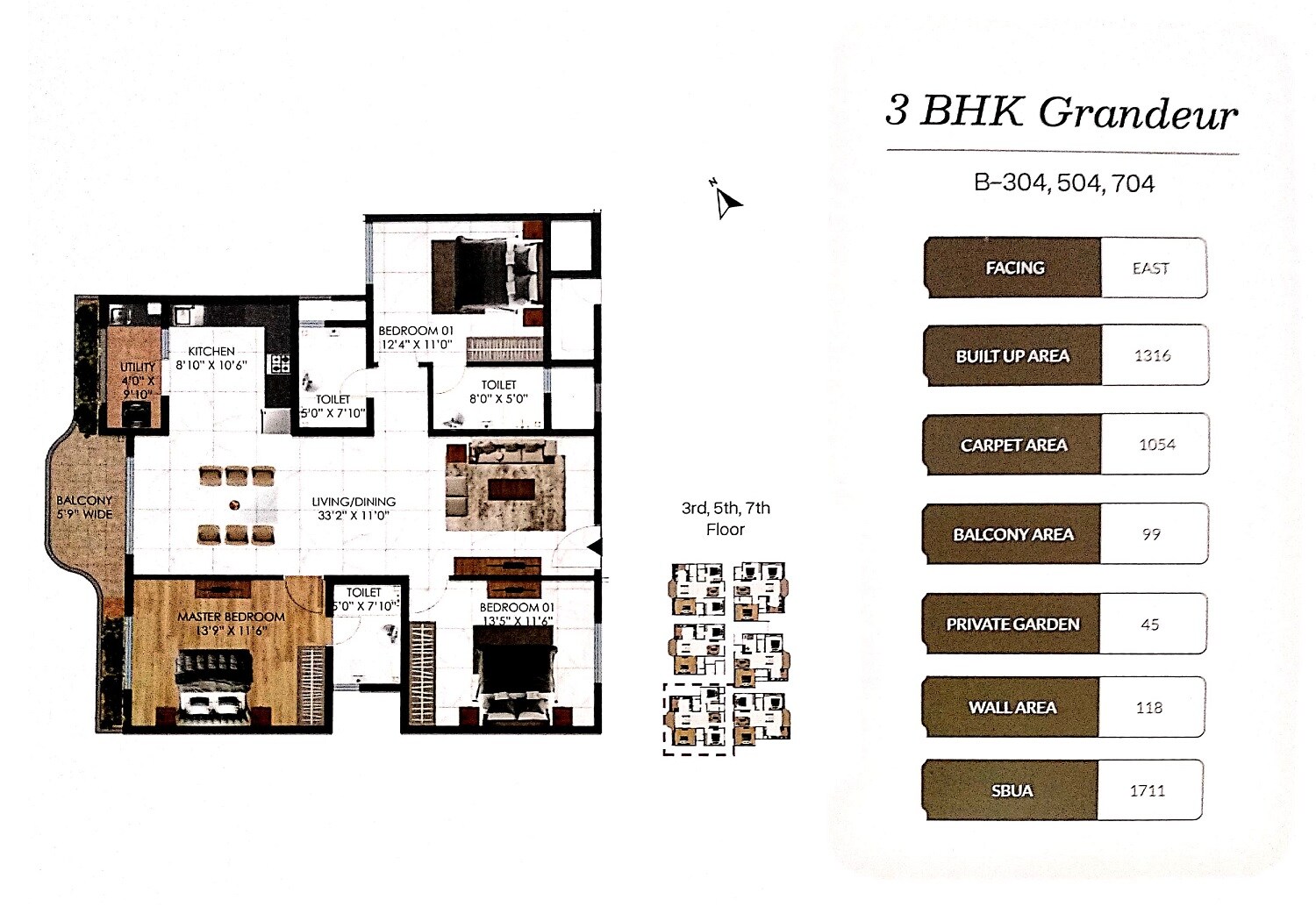 Floor plan of 3 BHK 1711 Sq. Ft. Apartment in Mana Cresta, Bangalore