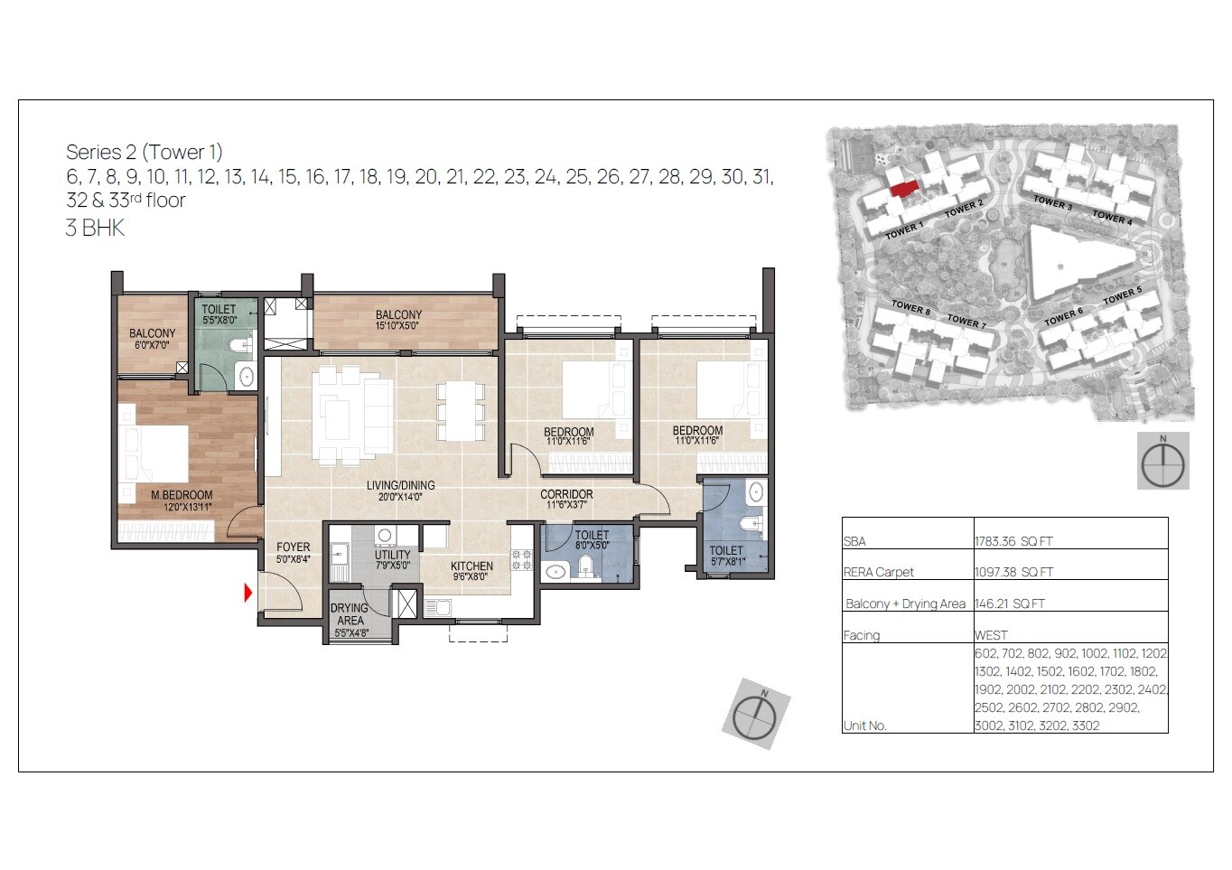 Floor plan of 3 BHK 1783 Sq. Ft. Apartment in Mana Forest Province, Bangalore