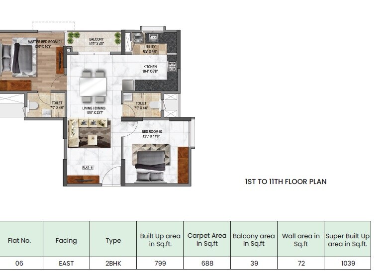 Floor plan of 2 BHK 1039 Sq. Ft. Apartment in Mana Macasa Emerald, Bangalore