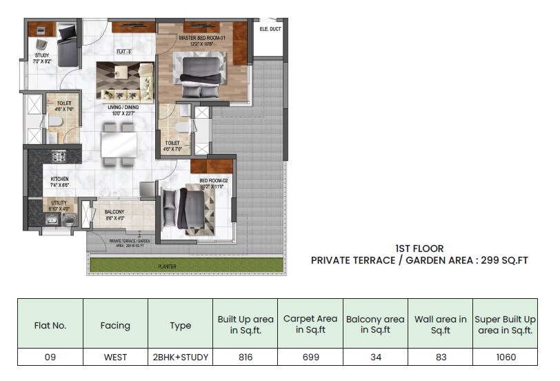 Floor plan of 2 BHK 1060 Sq. Ft. Apartment in Mana Macasa Emerald, Bangalore