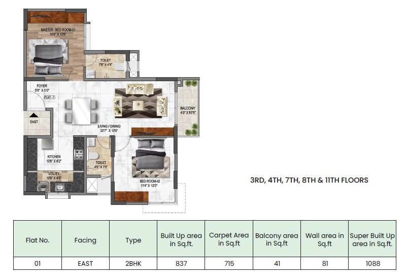 Floor plan of 2 BHK 1088 Sq. Ft. Apartment in Mana Macasa Emerald, Bangalore