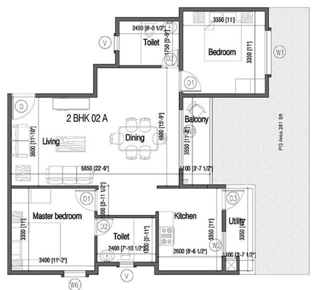 Floor plan of 2 BHK 1128 Sq. Ft. Apartment in Mana Tropicale, Bangalore