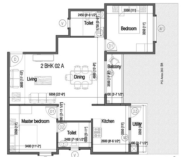 Floor plan of 2 BHK 1268 Sq. Ft. Apartment in Mana Tropicale, Bangalore
