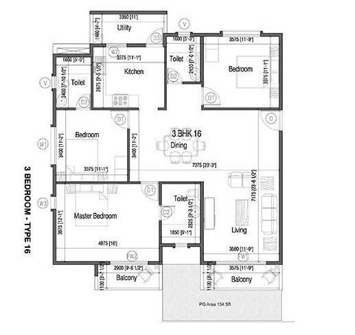 Floor plan of 3 BHK 1320 Sq. Ft. Apartment in Mana Tropicale, Bangalore