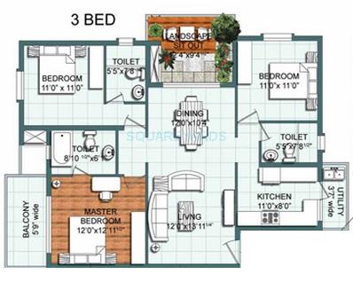 Floor plan of 3 BHK 1834 Sq. Ft. Apartment in Mana Uber Verdant, Bangalore