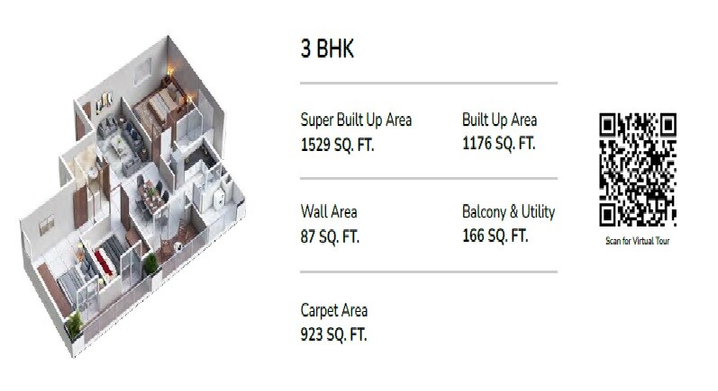 Floor plan of 3 BHK 1529 Sq. Ft. Apartment in Mana Verdant, Bangalore