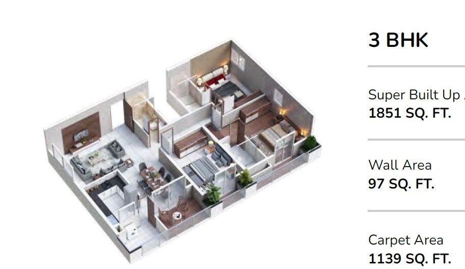 Floor plan of 3 BHK 1851 Sq. Ft. Apartment in Mana Verdant, Bangalore