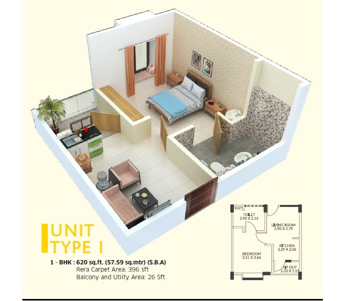 Floor plan of 1 BHK 620 Sq. Ft. Apartment in Manasum Avighna CHS, Bangalore