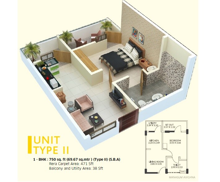 Floor plan of 1 BHK 720 Sq. Ft. Apartment in Manasum Avighna CHS, Bangalore