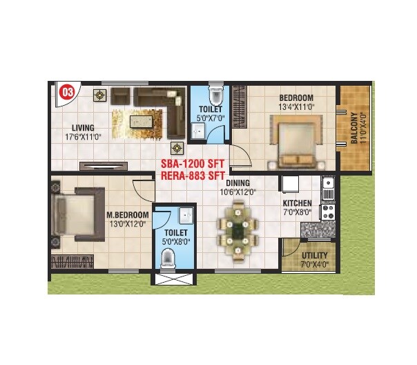 Floor plan of 2 BHK 1200 Sq. Ft. Apartment in Mangala Elite, Bangalore